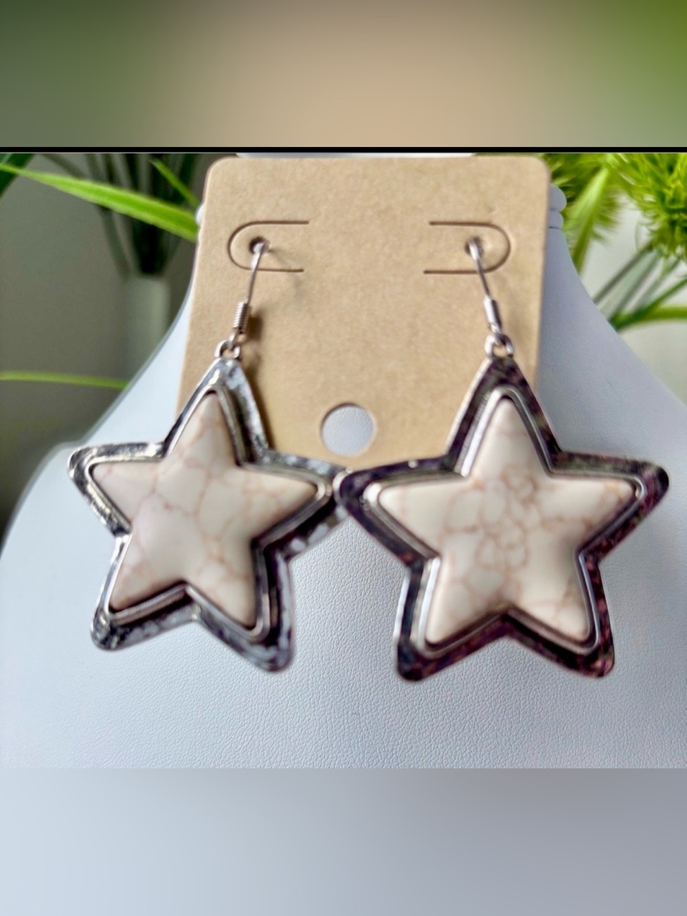 Star Shaped Ivory marbled stones,dimensional in silvertone,fish hook drop